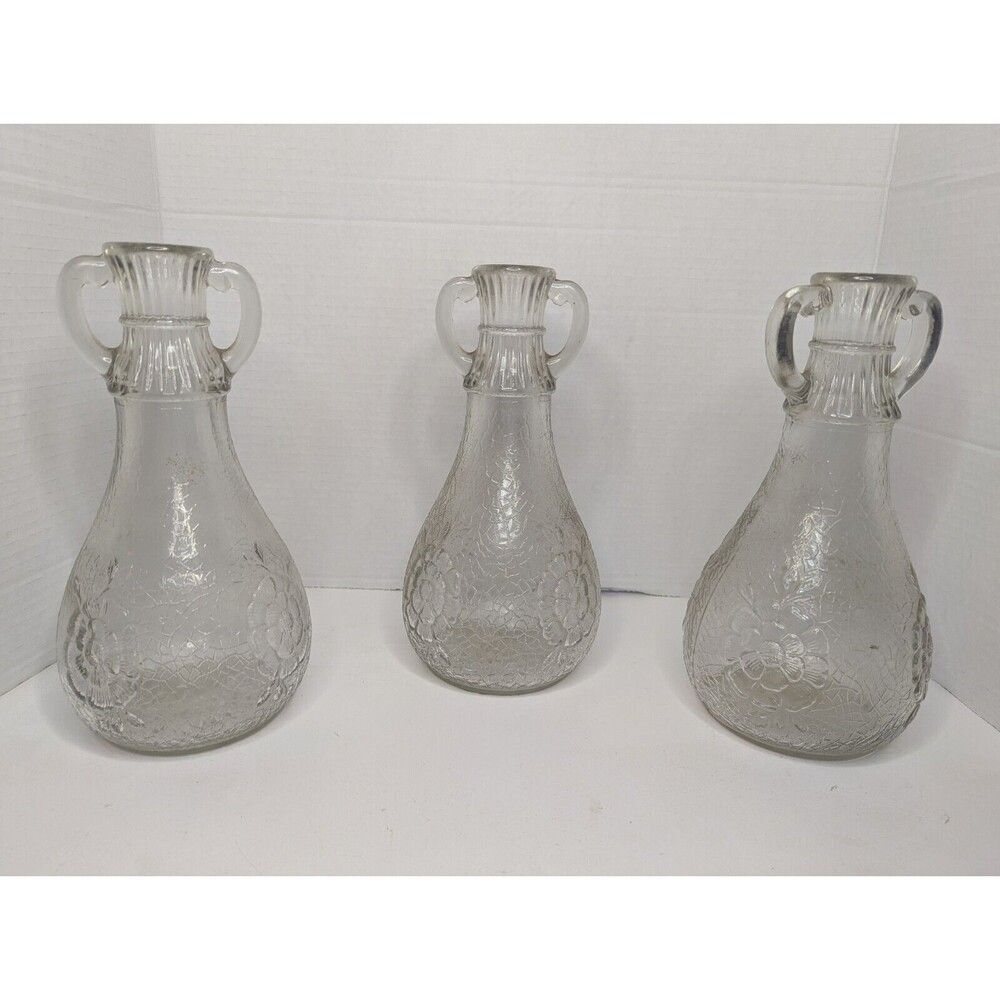 Set of 3 White House Vinegar Glass Crackling & Cabbage Rose Decanter Bottle